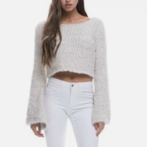 Anthropologie Endless Rose Sweater Womens M Ivory Metallic Gold Bell Sleeve - Picture 1 of 15